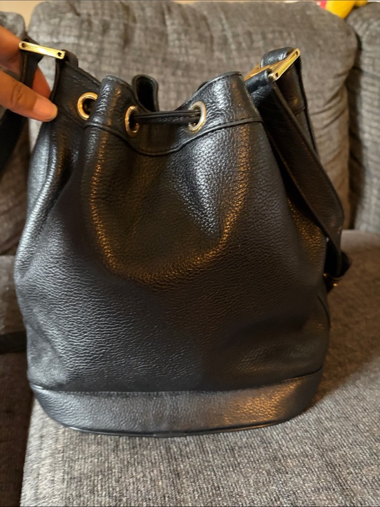 MCM Black Pebbled Leather Drawstring Shoulder Bucket Bag with Gold Hardware main image 1